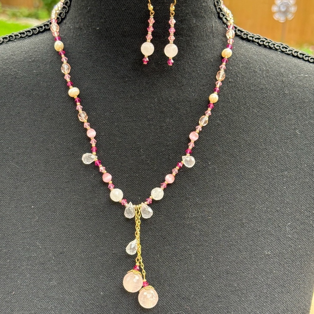 NWOT - Elegant Pink Crystal Necklace and Earring Set - Not Plastic!!!